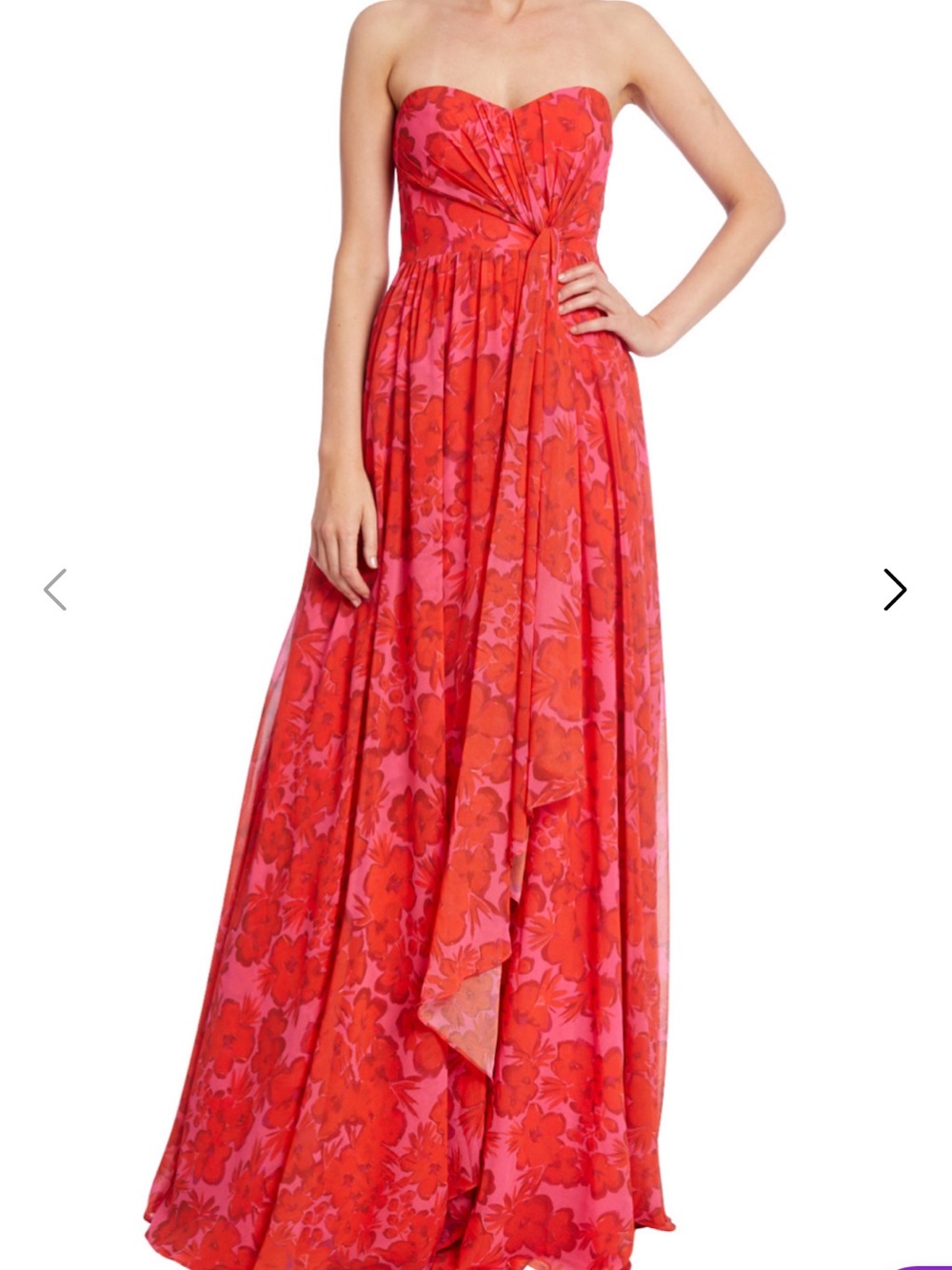 Badgley Mischka Strapless Red and Pink Floral Maxi Dress